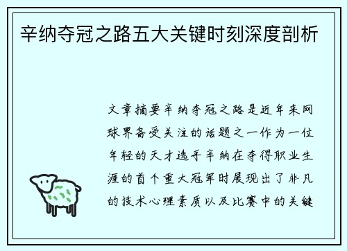 辛纳夺冠之路五大关键时刻深度剖析 辛纳夺冠之路五大关键时刻深度剖析